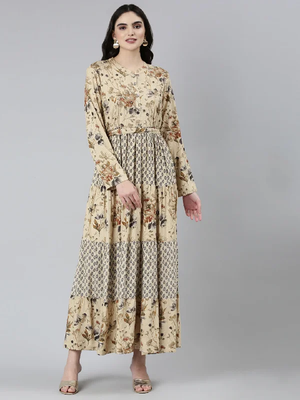 Evening Elegance Neeru's Beige Straight Casual Floral Dresses