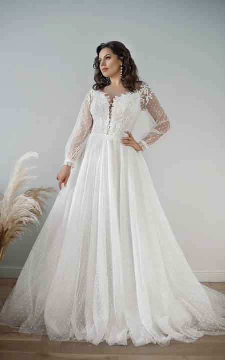 Wardrobe Refresh Lace and Tulle Illusion Long Sleeve V-neck Plus Size Wedding Dress