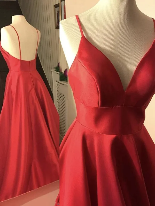 Limited Time Deal Simple A Line V Neck Backless Red Satin Long Prom Dresses, Backless Red Formal Dresses, Red Evening Dresses