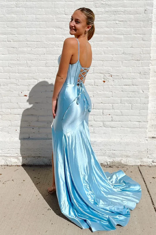 Score Big On Glamorous Red - Carpet Styles Light Blue Mermaid Spaghetti Straps Satin Long Prom Dress with Slit