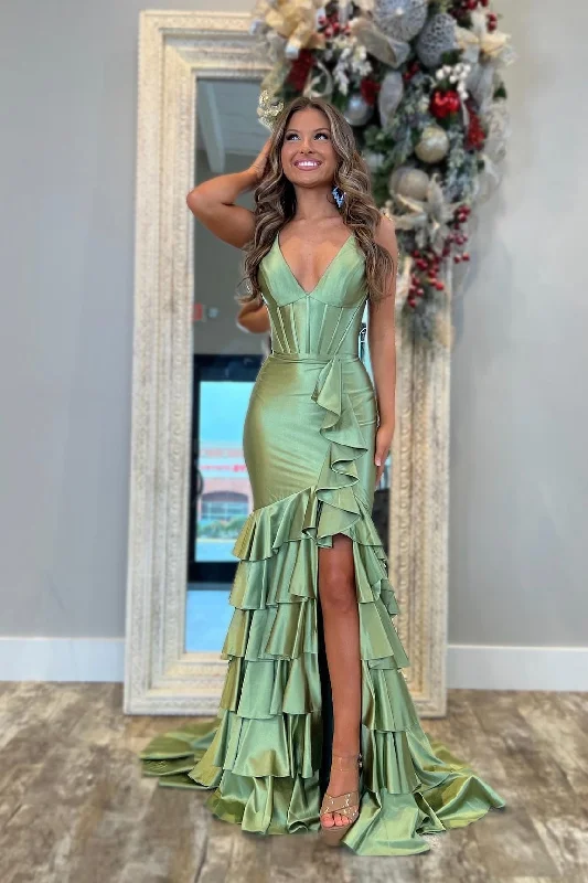 Seasonal Fashion V Neck Sage Green Satin Ruffle Fitted Prom Dress