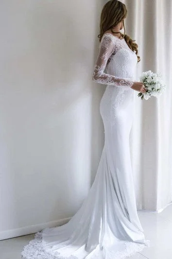 Pastel Styles Bateau Lace Long Sleeve Sheath Chiffon Wedding Dress With Sweep Train