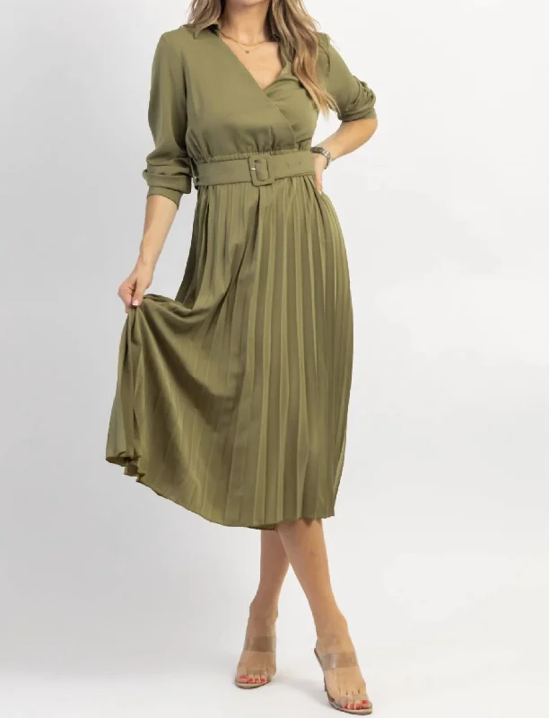 Beat The Heat In Tropical Styles Juliette Pleated Midi Dress In Olive