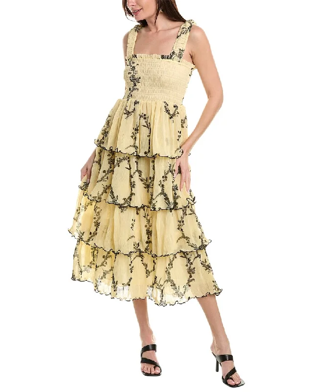 Unbeatable Prices GANNI Pleated Georgette Flounce Smocked Midi Dress