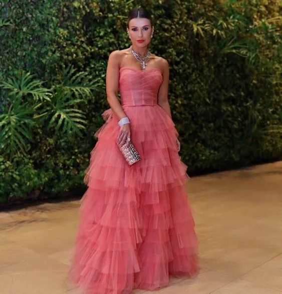 Best-Sellers Pink Tulle Prom Dresses Illusion Tiered Long Sweetheart Prom Gowns Party Dress Y5328