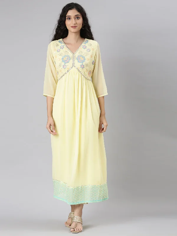 Fashion-Forward Neerus Yellow Straight Casual Floral Maxi Dresses