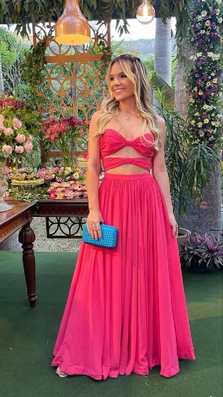 Father'S Day Deals Sexy Hot Pink Waist Cut Out Evening Dress Formal Gown Y2699