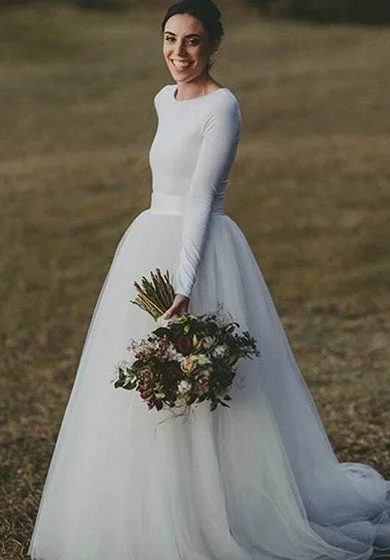 Casual Chic Modest Jersey Long Sleeve Elegant Fitted Tulle Wedding Gown