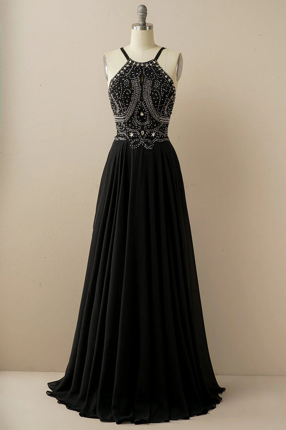 Spring Fashion Amzcw Black A Line Halter Beaded Backless Long Prom Dress prom dresses with long sleeves