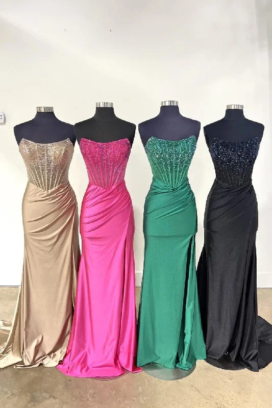 Evening Elegance Beaded Fuchsia Strapless Satin Mermaid Long Prom Dress