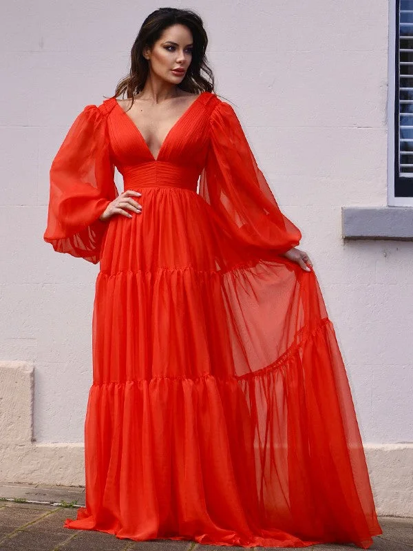 Fashion For Every Occasion A-Line/Princess V-neck Long Sleeves 30D Chiffon Ruffles Sweep/Brush Train Dresses