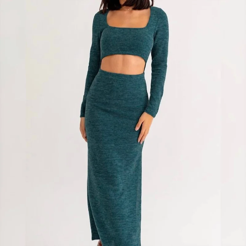 Casual Chic Long Sleeve Maxi Dress With Slit In Hunter Green