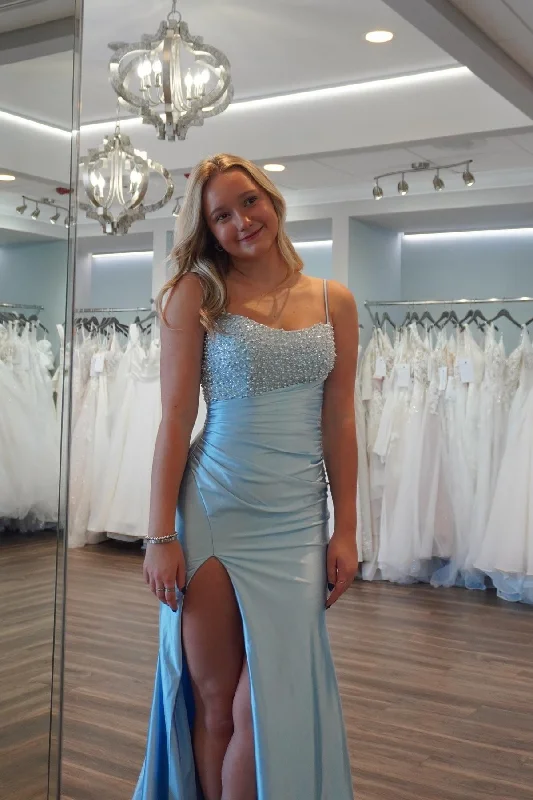 Big Savings On Rustic Countryside Styles Light Blue Pearls and Satin Ruched Fitted Prom Dress