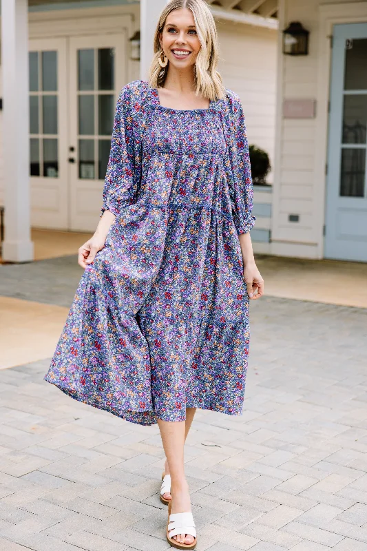 Mid - Week Surprise Love Story Ocean Blue Ditsy Floral Midi Dress