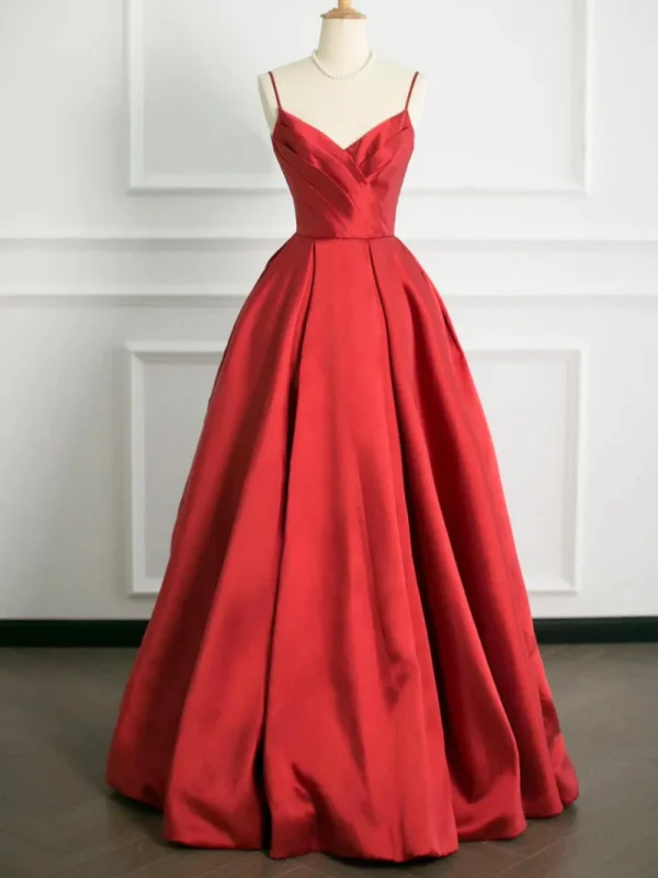 Big Savings On Rustic Countryside Styles A Line V Neck Open Back Red Satin Long Prom Dresses, Long Red Formal Graduation Evening Dresses SP2866