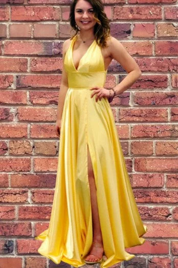 Fashion-Forward Outfits Halter Yellow Satin Long Prom Dress with Slit