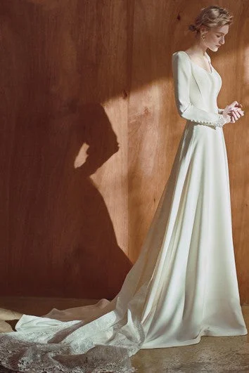 Stylish Savings Romantic A Line Satin Floor-length Long Sleeve Wedding Dress