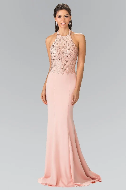 Women Wear Online Long Beaded Jersey Halter Dress by Elizabeth K GL2285