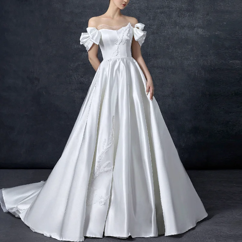 Stylish Savings Detachable Sleeve Satin Wedding Dress A-line Bridal Gown