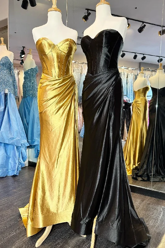 Limited Time Deal Gold Strapless Mermaid Satin Long Prom Dress