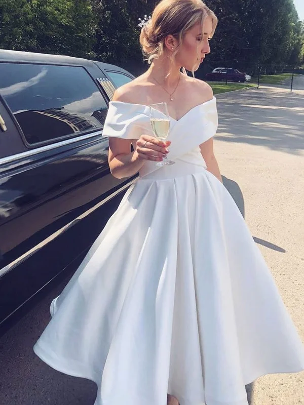 Cool Prices Elegant Off the Shoulder Tea Length White Satin Prom Dresses, Off Shoulder White Formal Graduation Homecoming Dresses