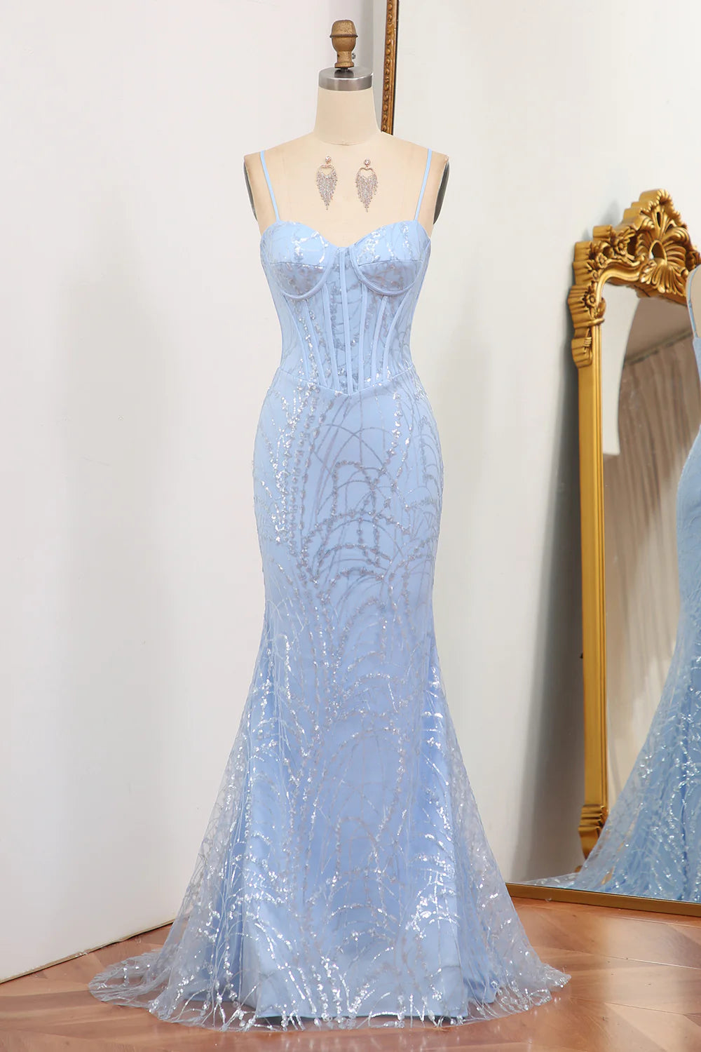 Score Big On Glamorous Red - Carpet Styles Amzcw Glitter Light Blue Mermaid Long Prom Dress With Sequined Appliques prom dresses with long sleeves