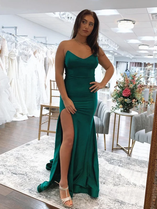 Great Prices On Feminine Styles Strapless Mermaid Green Satin Long Prom Dresses, Mermaid Green Formal Dresses, Green Evening Dresses SP2637