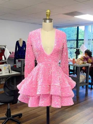 Chic Styles Pink Cocktail Dresses A-Line V-Neck Long Sleeve Shiny Sequin Homecoming Dresses    S2033