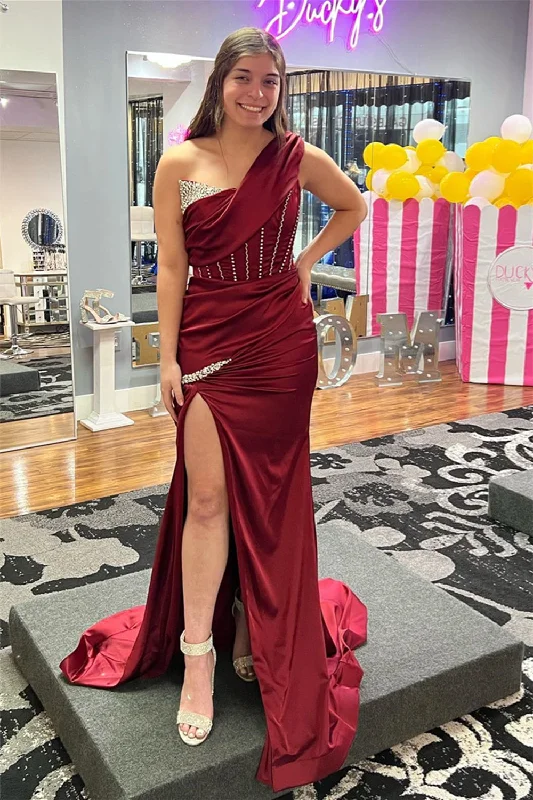 Stylish Savings Burgundy One Shoulder Boning Beaded Satin Long Prom Dress with Slit