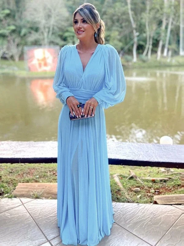 Fashion-Forward A-Line/Princess Chiffon Ruffles V-neck Long Sleeves Floor-Length Mother of the Bride Dresses