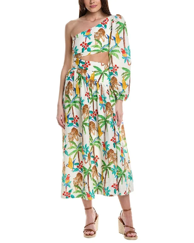 Stylish Spring Fashion FARM Rio Tropical Paradise One-Shoulder Linen-Blend Midi Dress