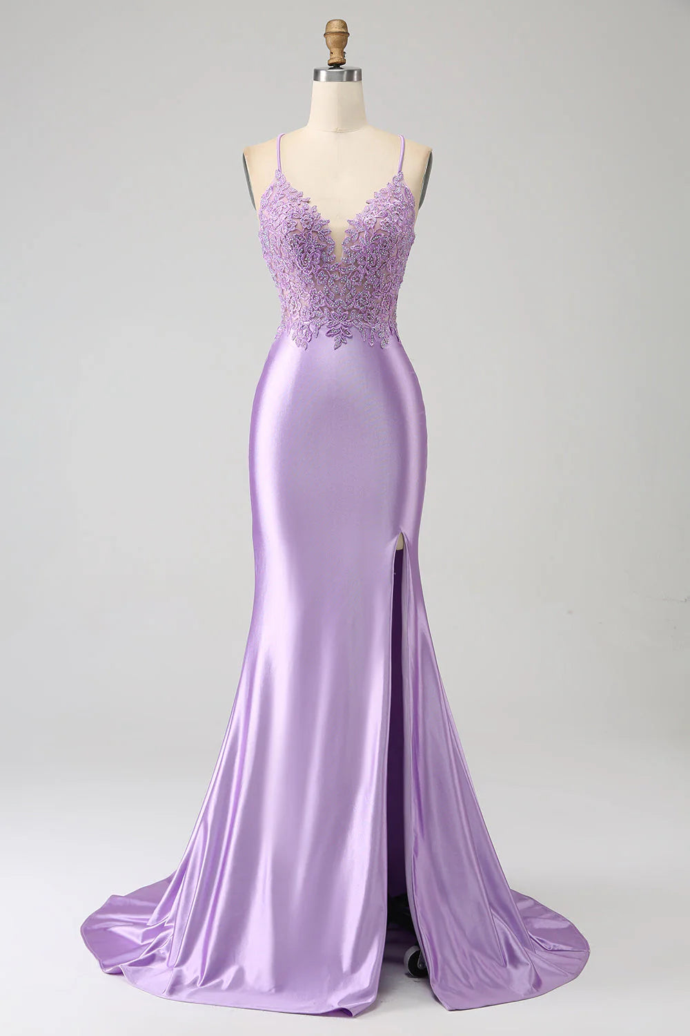 Hot Styles Amzcw Stylish Lilac Mermaid Spaghetti Straps Long Prom Dress with Appliques Slit prom dresses with long sleeves