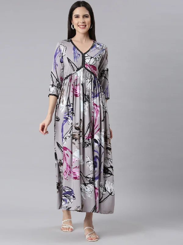 Early Access To Art Deco Styles Sale Neerus Gray Asymmetric Casual Floral Maxi Dresses