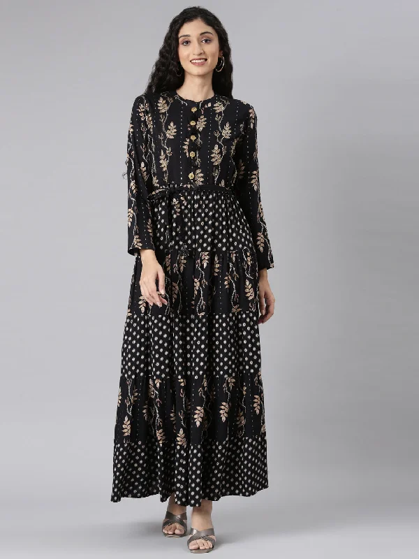 Spring Fashion Neerus Black Curved Casual Floral Maxi Dresses