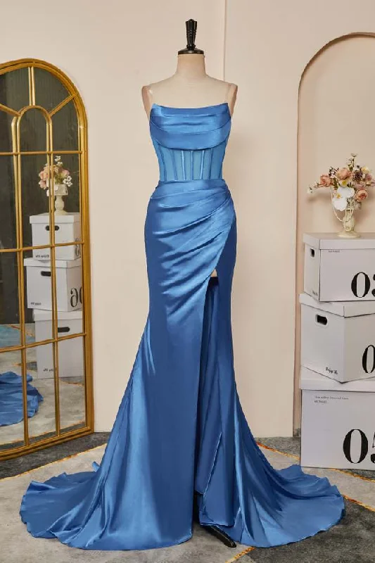 Limited - Time Bundle Blue Pleated Strapless Mermaid Satin Long Prom Dress with Slit