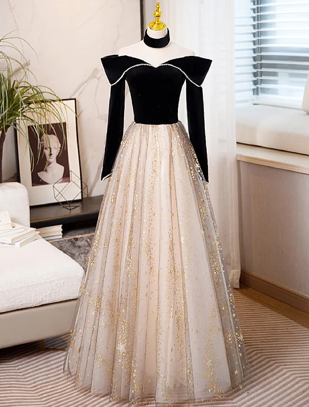 Style Upgrade A-Line Prom Dresses Sparkle & Shine Dress Engagement Floor Length Long Sleeve Sweetheart Tulle with Sequin