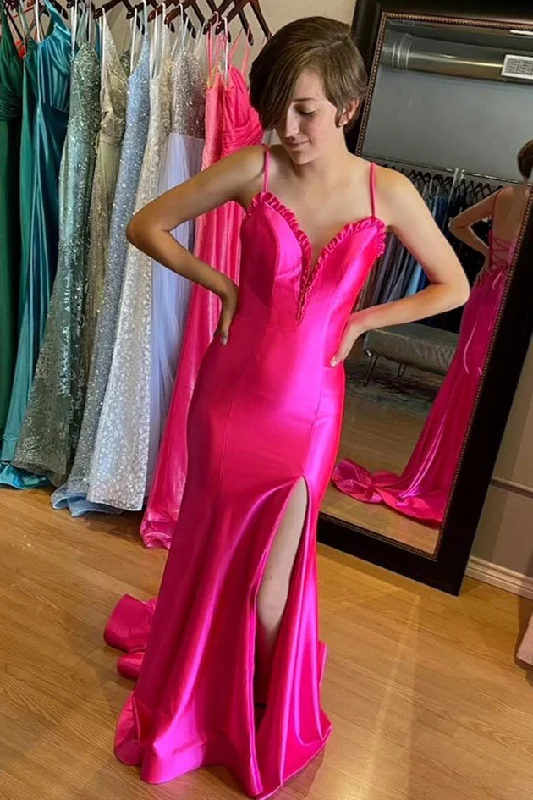 End - Of - Month Blowout Fuchsia Ruffled Plunging V Mermaid Satin Long Prom Dress with Slit