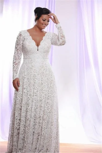 Trend Alert Removable Long Sleeves V Neck Floor Length A Line Lace Plus Size Wedding Dress