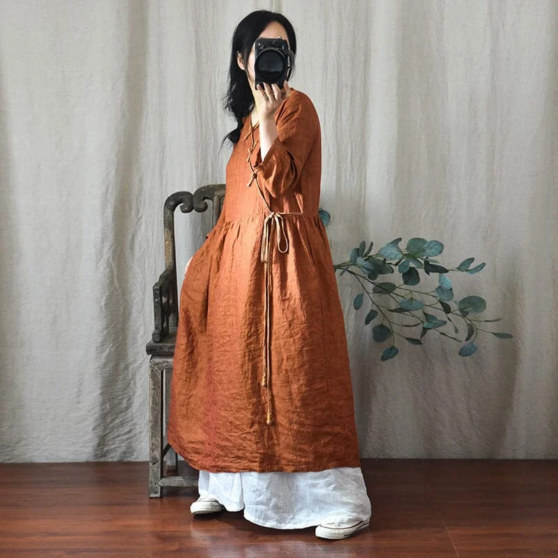 Best Boutiques Online Autumn Retro Loose Solid Lnen V-Neck Dress