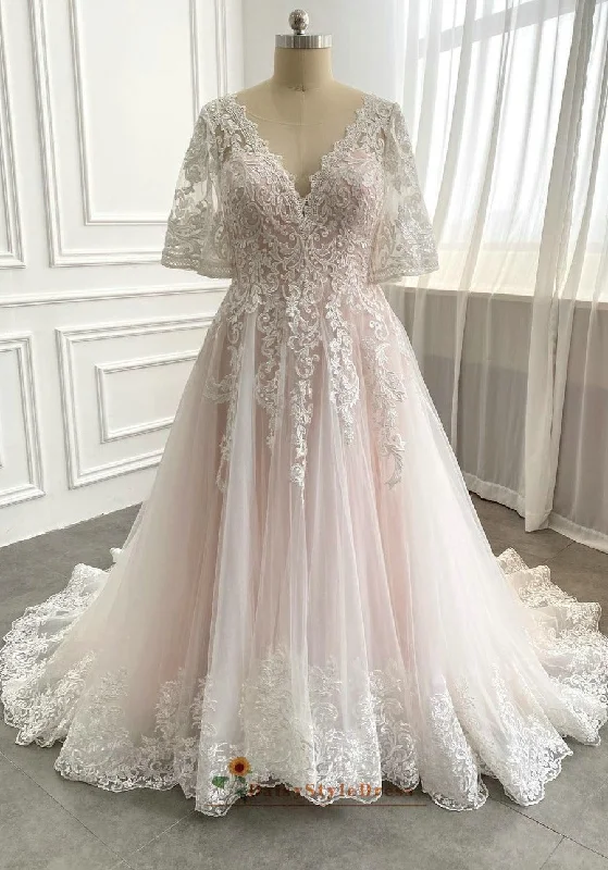 Wardrobe Upgrade Half Sleeve Plus Size Blush Wedding Dress