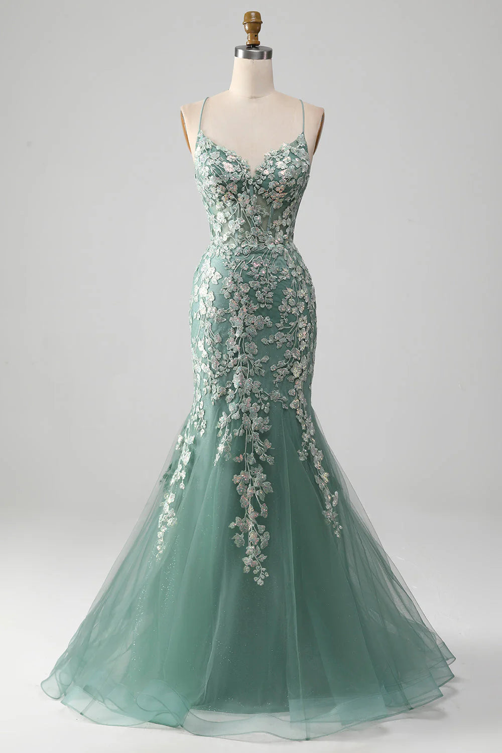 Limited Quantities Amzcw Light Green Mermaid Lace-Up Back Tulle Prom Dress with Appliques prom dresses with long sleeves