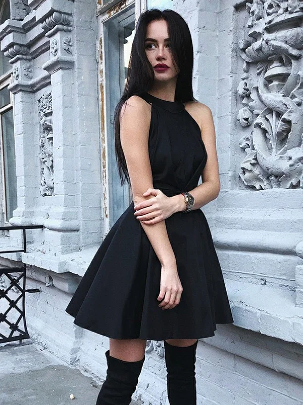 Last Chance Sale Black A Line Round Neck Pleated Satin Homecoming Dresses Short Prom Dresses, Black Formal Graduation Evening Dresses