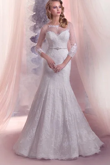 Elegant Style Mermaid Floor-Length Bateau-Neck Illusion-Sleeve Lace-Up Lace Dress With Beading