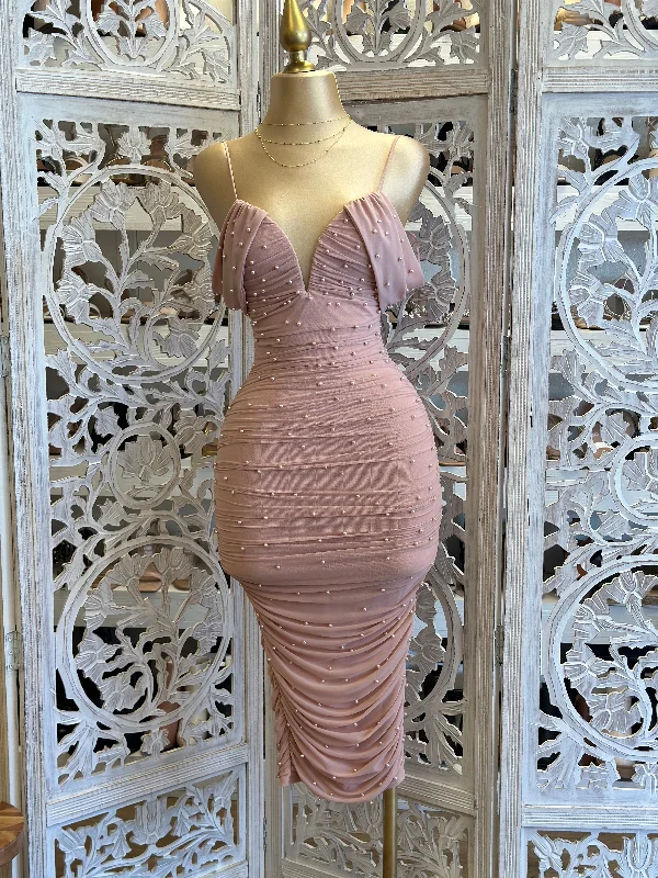 Women's Outerwear Clothing Pearl Detail Mauve Off Shoulder Dress- Stretchy