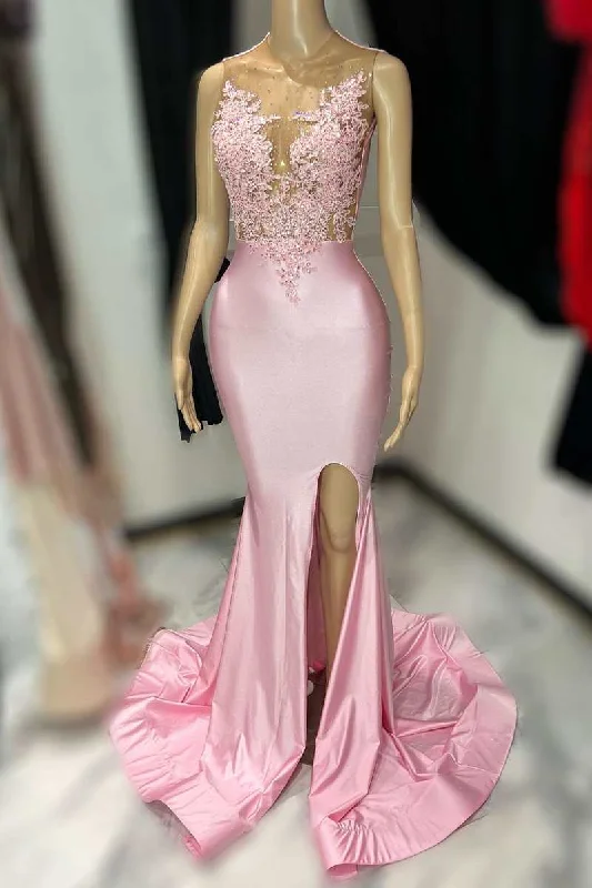 Wardrobe Essentials Pink Lace Satin Mermaid Long Prom Dress with Slit