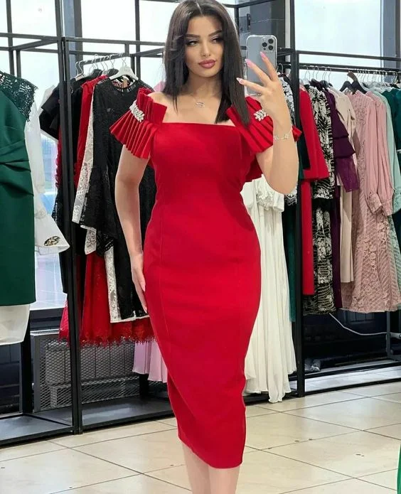 Trend Alert Elegant Red Sheath Midi-length Prom Dress,Red Party Gown  Y6042