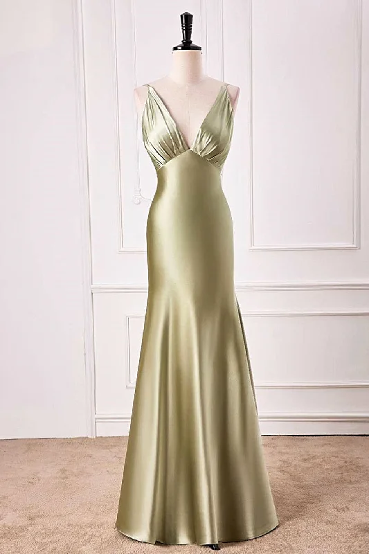 Last Chance Sale Dusty Sage Plunging V Neck Mermaid Satin Long Prom Dress