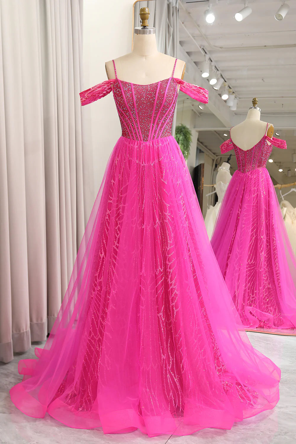 Fashion For Every Occasion Amzcw Sparkly Fuchsia A-Line Cold Shoudler Corset Long Prom Dress with Beading prom dresses with long sleeves