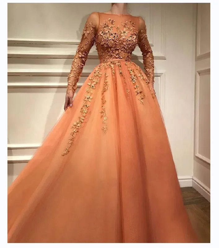 Stylish Savings Custom Orange Long Sleeve 3D Flowers Appliques Floor-Length A-Line Tulle Sweep Train Formal Evening Dress