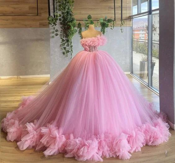 Evening Elegance pink prom dresses, ruffle prom dresses, ball gown,puffy prom dresses, tulle evening dresses, new arrival evening dresses Y1492